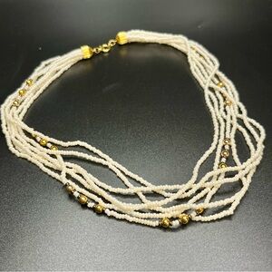 Multi Strand Seed Bead Necklace | Ivory White | Gold Tone Accents